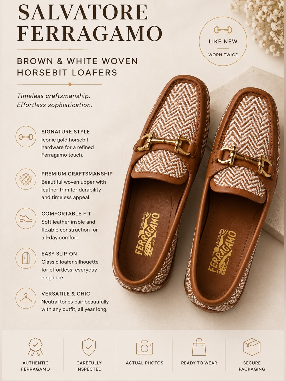 Salvatore Ferragamo Brown & White Woven Horsebit Loafers